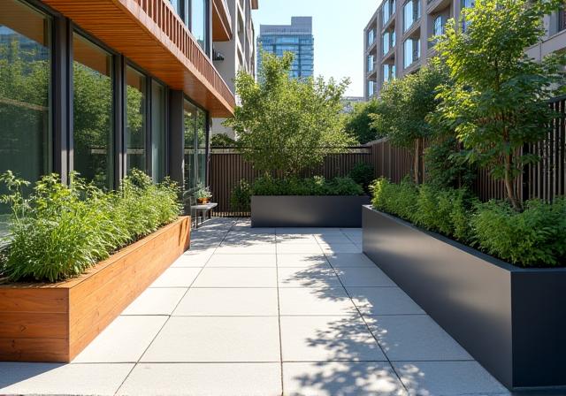 After: A modern, low-maintenance courtyard with new paving and planter boxes.